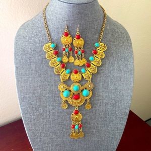 NEW Retro Coin Style Ornate Necklace & Earrings Set